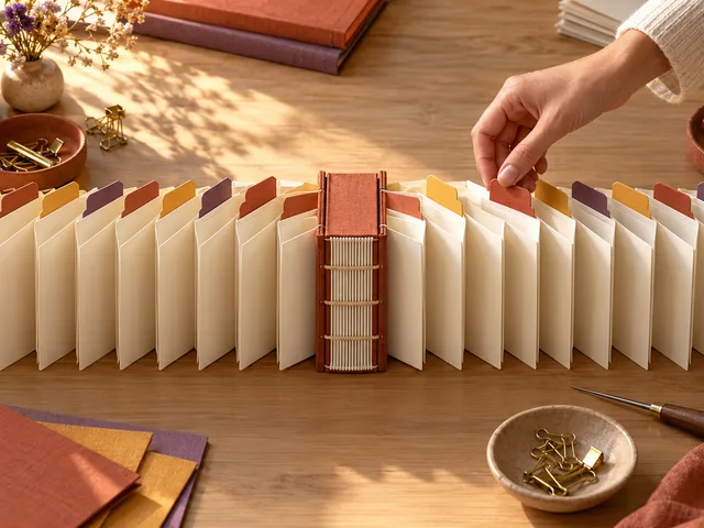 Vue en plongée d’un long rapport accordéon sur une table de relieur, avec des onglets de chapitres alignés autour d’une reliure et une main replaçant un onglet au bon niveau.