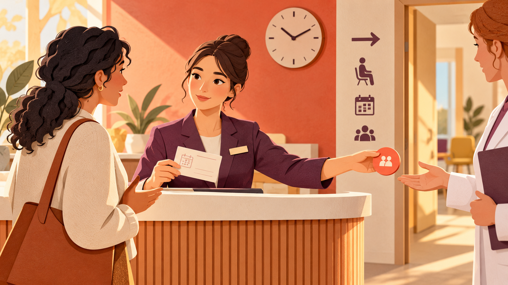 Illustration d’une agente d’accueil tenant une carte de rendez-vous et transmettant un jeton de relais à une professionnelle, devant une visiteuse dans un centre médical.