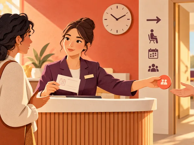 Illustration d’une agente d’accueil tenant une carte de rendez-vous et transmettant un jeton de relais à une professionnelle, devant une visiteuse dans un centre médical.