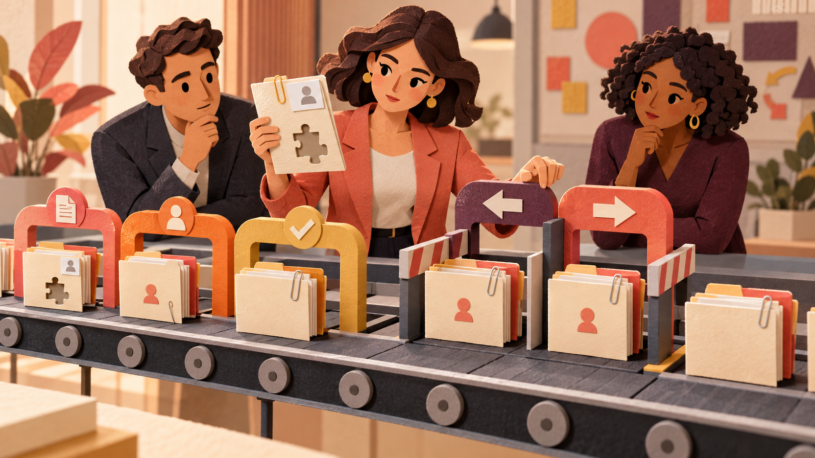 Illustration générée d’une équipe commerciale examinant des dossiers sur un convoyeur CRM : certaines fiches sont incomplètes, d’autres restent bloquées devant des étapes contradictoires.