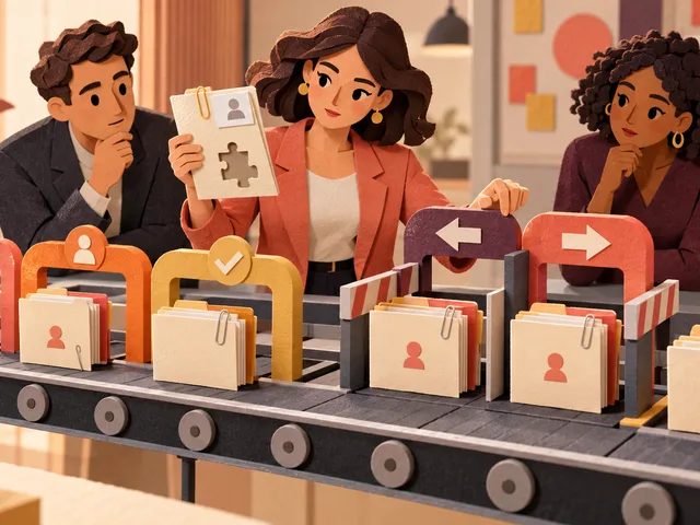 Illustration générée d’une équipe commerciale examinant des dossiers sur un convoyeur CRM : certaines fiches sont incomplètes, d’autres restent bloquées devant des étapes contradictoires.