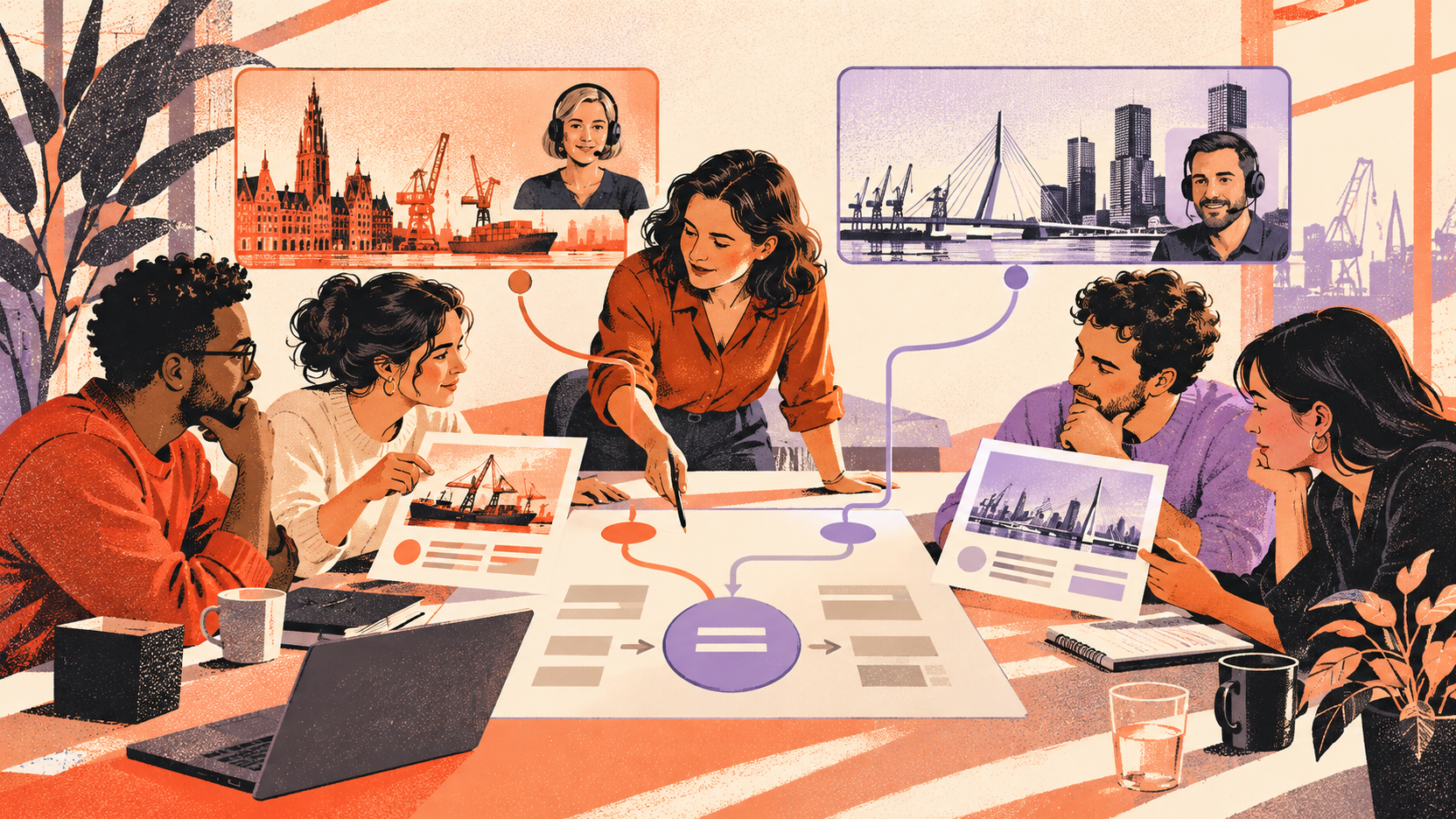 Illustration sérigraphiée d’une équipe autour d’un même canevas de formation relié à deux visioconférences évoquant Anvers et Rotterdam.