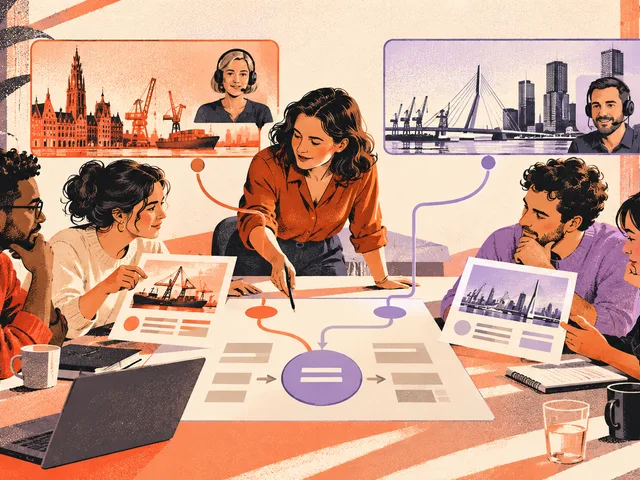 Illustration sérigraphiée d’une équipe autour d’un même canevas de formation relié à deux visioconférences évoquant Anvers et Rotterdam.