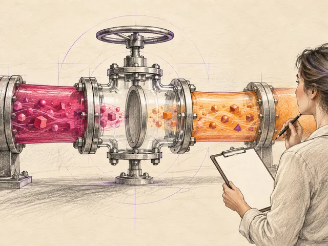Illustration technique de deux conduites de données de couleurs différentes bloquées par une vanne d’inspection transparente pendant qu’une analyste en trace le passage.