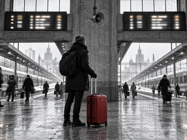 Mise en scène générée : dans une gare en noir et blanc, un voyageur avec une valise rouge s’arrête sous un haut-parleur avant de choisir entre deux voies.