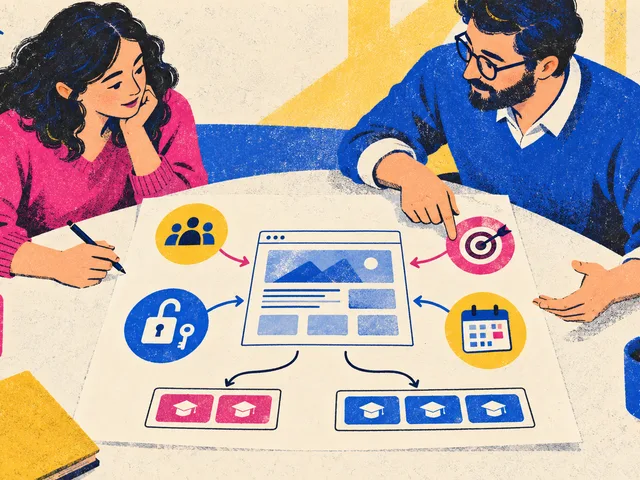 Illustration générée montrant un futur participant et un conseiller qui organisent une page de site, le public, l’objectif, les accès et le calendrier avant de choisir un parcours SEO.