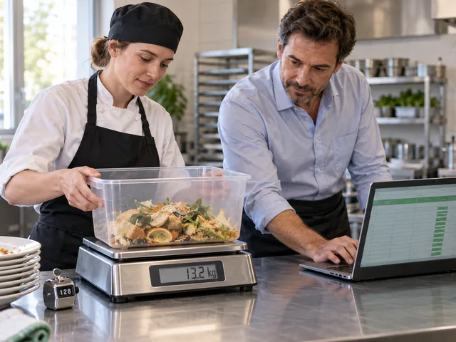 Illustration générée : dans une cuisine professionnelle, une employée pèse les retours d’assiettes à 13,2 kg pendant qu’un responsable saisit le relevé dans un tableur.