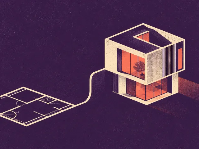 Illustration imprimée violette et corail : une ligne de plan blanche se relève pour former un petit volume architectural isométrique.
