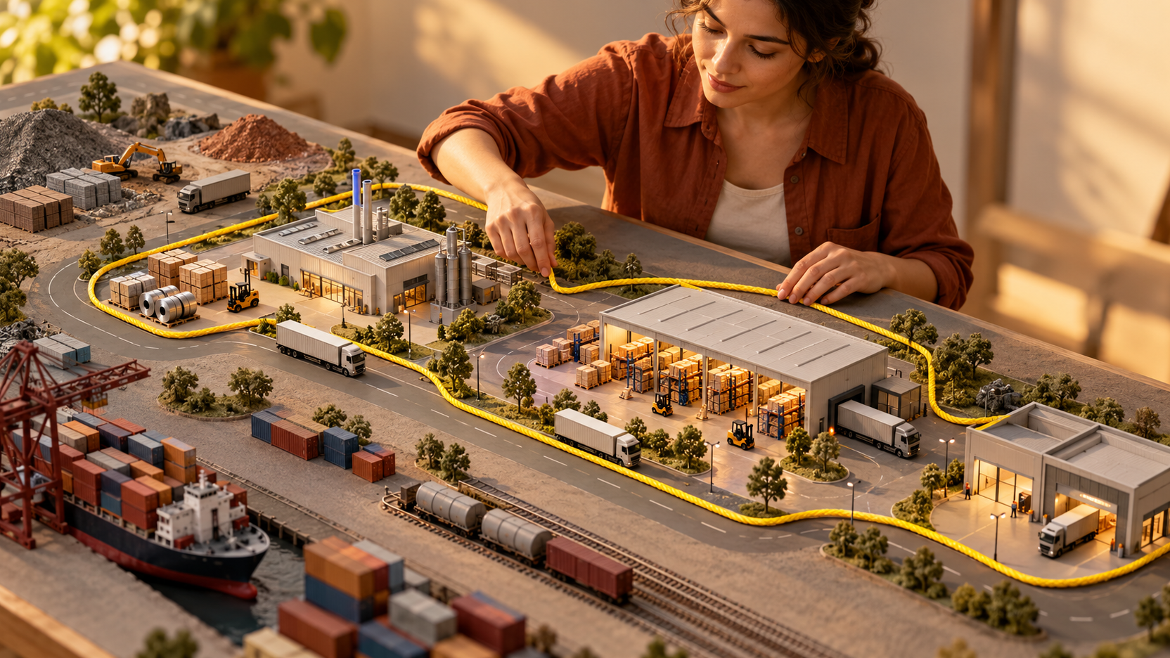 Illustration générée d’une personne délimitant avec un cordon jaune les maillons utiles d’une chaîne logistique sur une maquette d’usine, d’entrepôt et de transport.