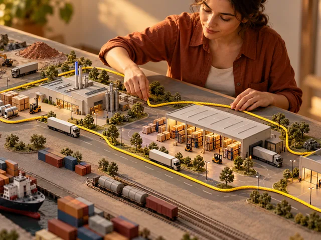 Illustration générée d’une personne délimitant avec un cordon jaune les maillons utiles d’une chaîne logistique sur une maquette d’usine, d’entrepôt et de transport.