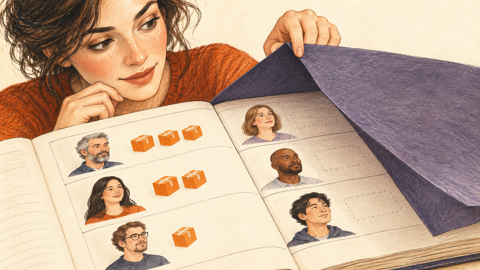 Illustration : une analyste soulève un volet masquant dans un registre les portraits de clients sans commande, tandis que d’autres portraits sont accompagnés de colis.