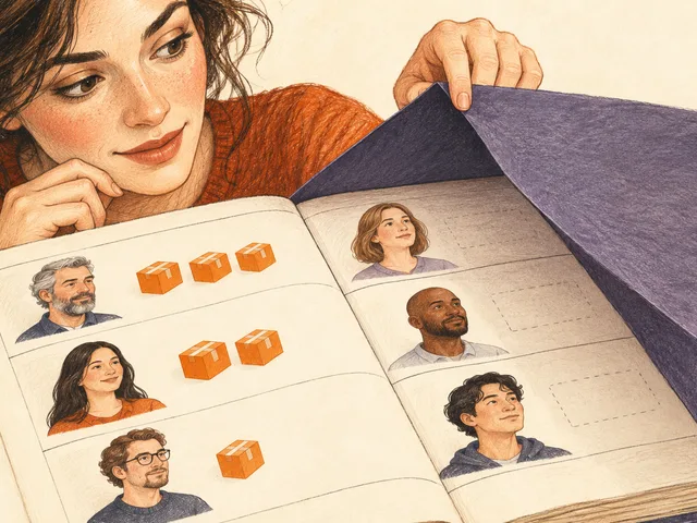 Illustration : une analyste soulève un volet masquant dans un registre les portraits de clients sans commande, tandis que d’autres portraits sont accompagnés de colis.