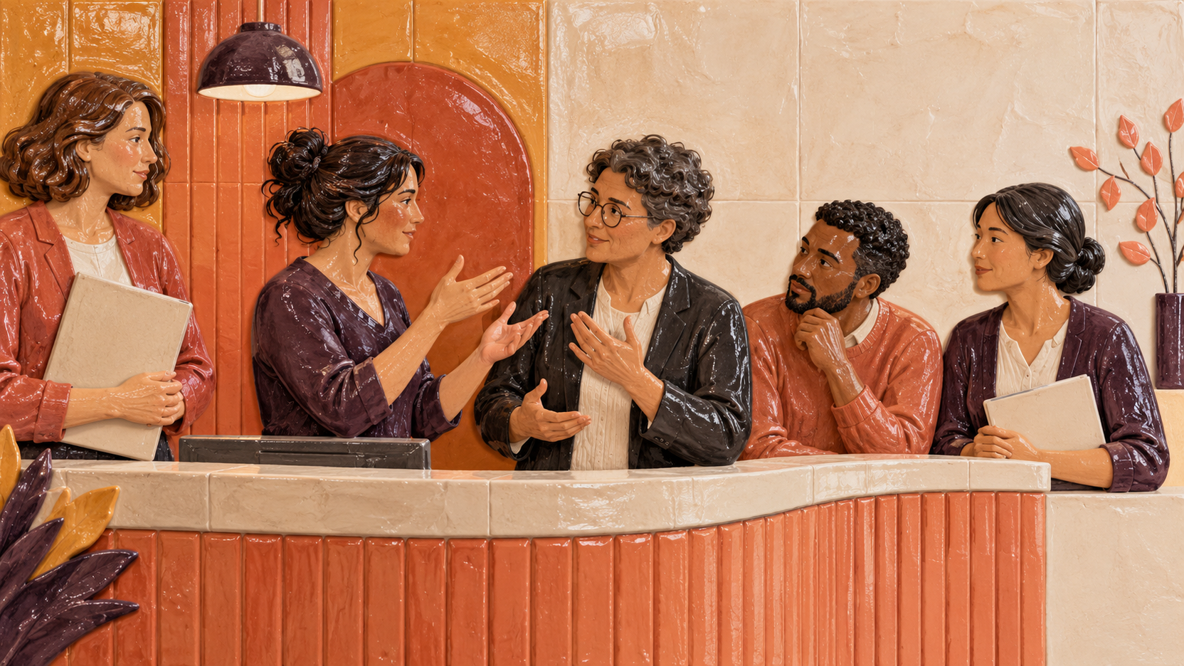 Illustration éditoriale générée de quatre conseillers répétant un même accueil en LSF avec une formatrice autour d’un comptoir de service.