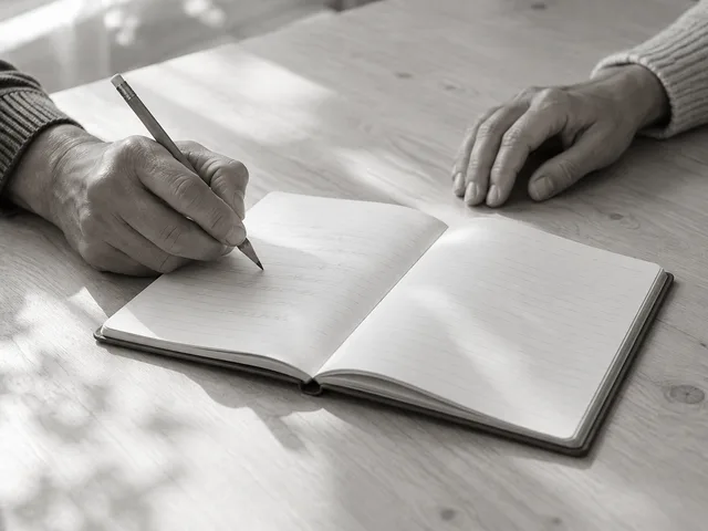 Illustration en noir et blanc : une main adulte tient un crayon et écrit dans un cahier ouvert ; la main d’une autre personne repose à proximité sans guider le geste.