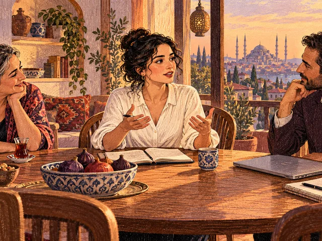 Illustration générée montrant une apprenante au centre d’une même conversation avec un proche autour d’un thé et un futur interlocuteur professionnel muni d’un carnet, pour symboliser le passage du turc familial au turc de travail.