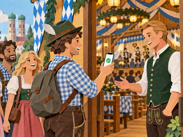 Illustration en papier découpé générée : à l’entrée d’une tente de l’Oktoberfest, un visiteur montre sa confirmation sur téléphone au responsable tandis que son groupe attend derrière lui.