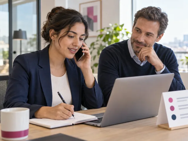 Salariée en simulation d’appel client, prenant des notes tandis qu’un manager l’accompagne dans un bureau.