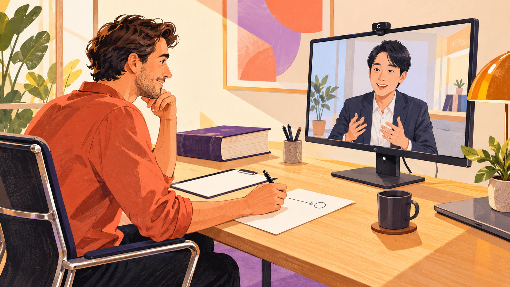 Illustration éditoriale d’un professionnel répétant une visioconférence avec un client japonais, un manuel fermé posé en retrait et une fiche de suivi devant lui.