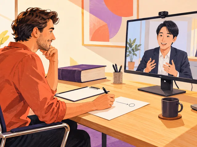 Illustration éditoriale d’un professionnel répétant une visioconférence avec un client japonais, un manuel fermé posé en retrait et une fiche de suivi devant lui.