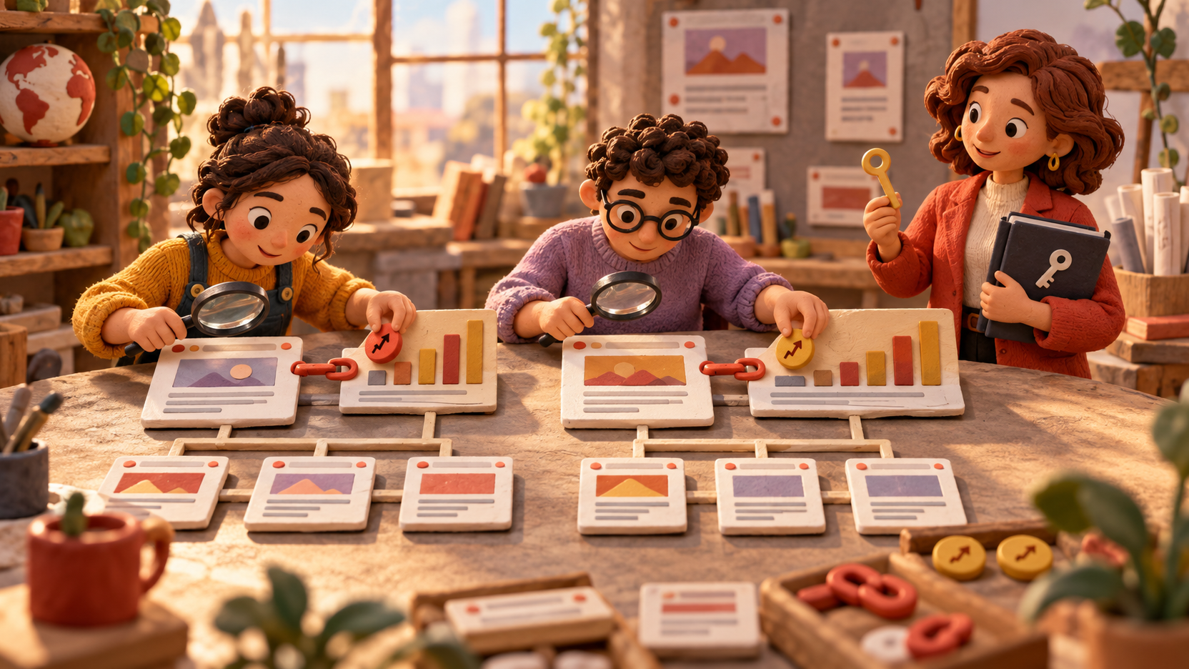 Illustration en pâte à modeler de trois collègues transférant une méthode SEO autour de pages reliées ; deux inspectent des pages et une responsable tient un classeur et une clé d’accès.