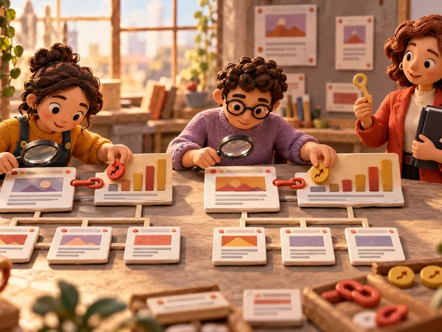 Illustration en pâte à modeler de trois collègues transférant une méthode SEO autour de pages reliées ; deux inspectent des pages et une responsable tient un classeur et une clé d’accès.