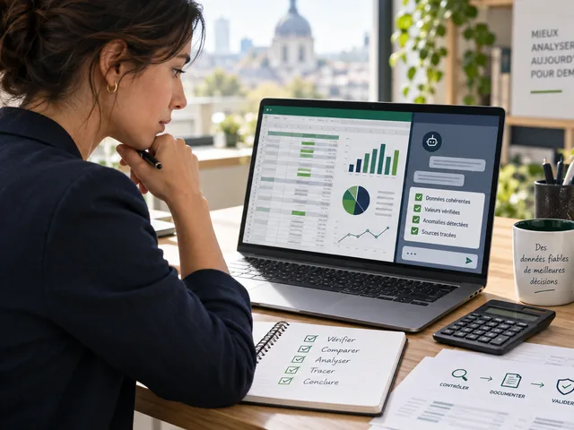 Une analyste contrôle un tableur et ses graphiques sur un ordinateur accompagné d’un assistant d’intelligence artificielle.