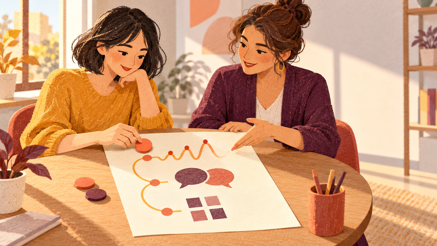 Illustration en papier découpé montrant une apprenante et une formatrice autour d’une table, choisissant sur une feuille de priorités entre les tons, l’échange oral et un message écrit en chinois.