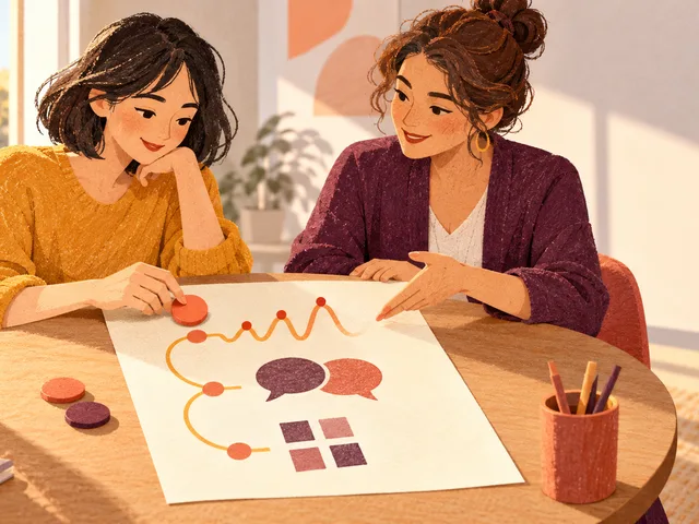 Illustration en papier découpé montrant une apprenante et une formatrice autour d’une table, choisissant sur une feuille de priorités entre les tons, l’échange oral et un message écrit en chinois.