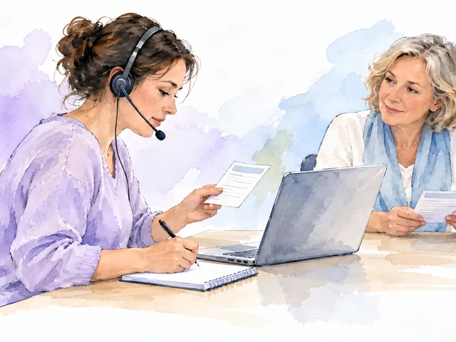 Illustration à l’aquarelle : une apprenante au casque consulte une fiche et prend des notes pendant une simulation d’appel, accompagnée par une formatrice attentive.