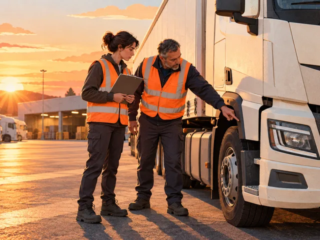 Illustration générée d’une candidate et d’un tuteur observant ensemble un contrôle avant départ sur un camion immobile dans une cour logistique au lever du jour.