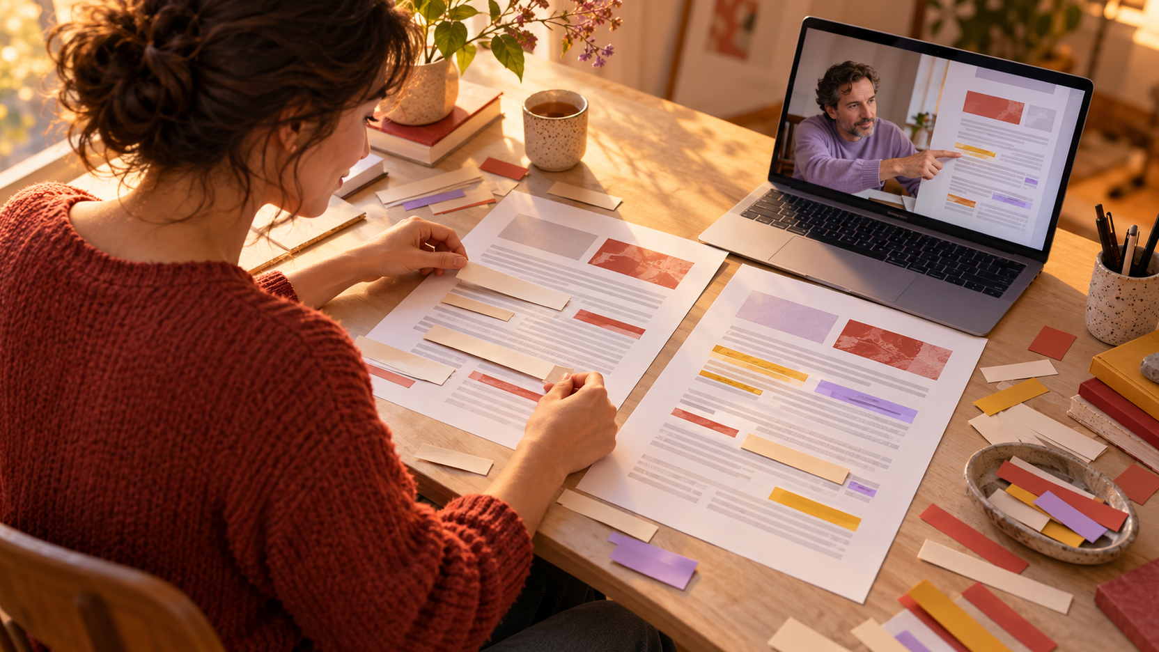 Illustration générée d’une apprenante réorganisant deux versions imprimées d’un article pendant qu’un formateur en visioconférence pointe une annotation.
