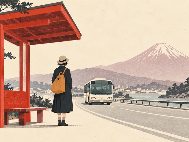 Illustration de style estampe : une voyageuse au sac ocre attend sous un abri rouge, face à un bus, avec une montagne au loin.