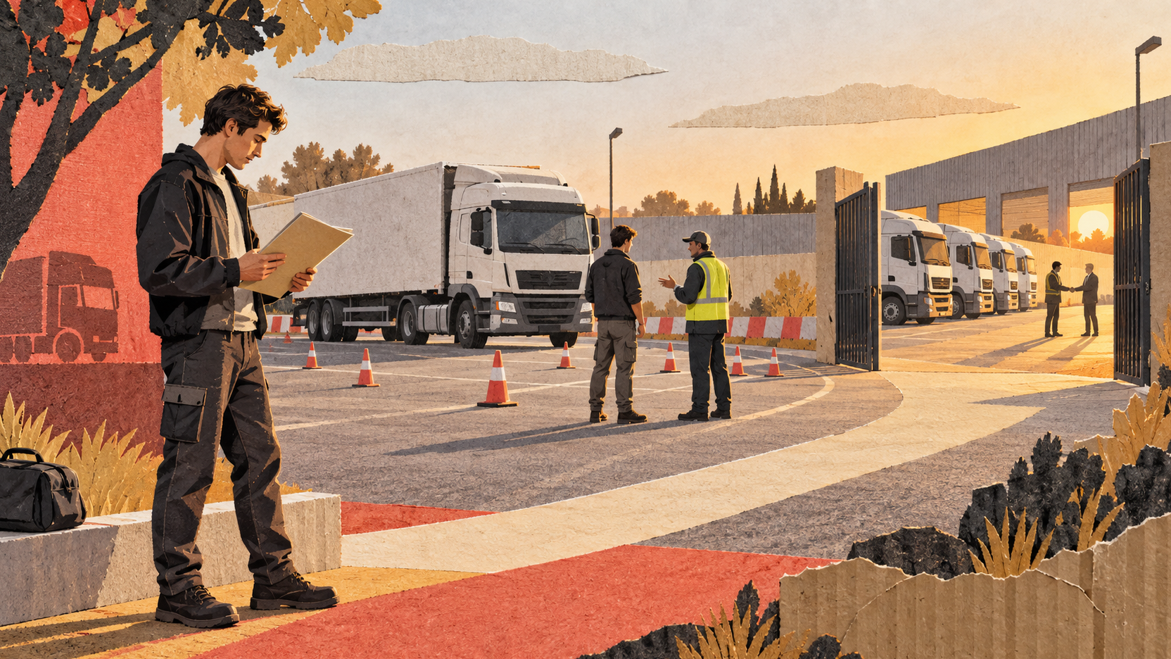 Illustration en collage d’un futur conducteur vérifiant son dossier avant une formation pratique sur camion, puis l’accès à un dépôt de transport.