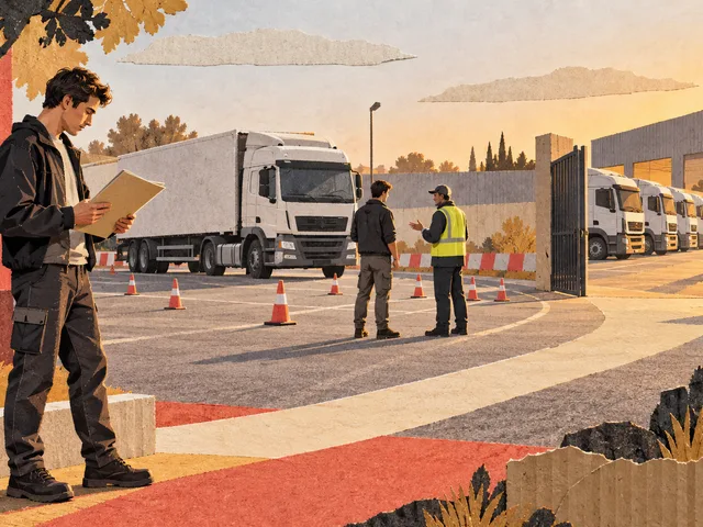 Illustration en collage d’un futur conducteur vérifiant son dossier avant une formation pratique sur camion, puis l’accès à un dépôt de transport.