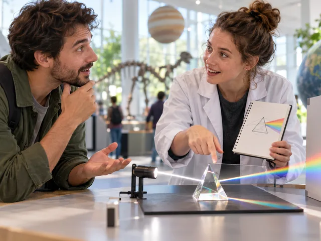 Illustration générée d’un visiteur échangeant avec une chercheuse devant un prisme qui décompose la lumière lors d’un événement scientifique public.