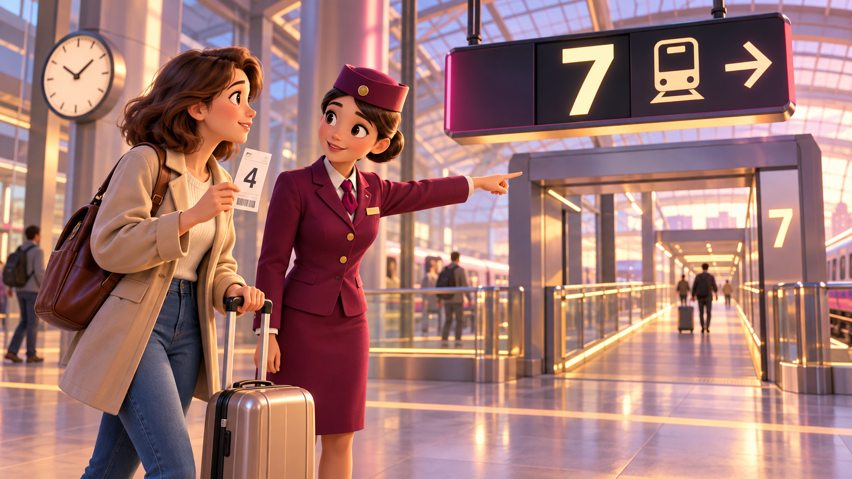 Illustration 3D d’une voyageuse montrant un billet voie 4 à une agente sous un panneau voie 7, dans une gare après un changement de voie.