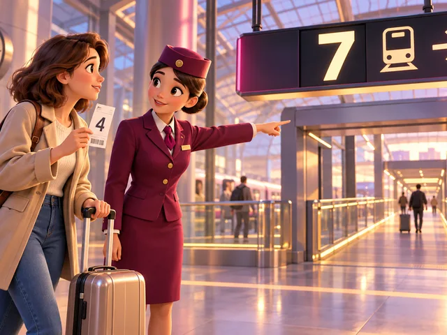 Illustration 3D d’une voyageuse montrant un billet voie 4 à une agente sous un panneau voie 7, dans une gare après un changement de voie.