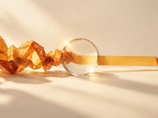 Nature morte en papier ambré : un ruban froissé traverse une lentille transparente, devient une ligne nette et se termine par un pli en forme de validation.