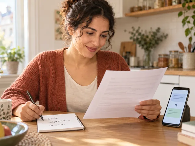 Illustration générée par IA : une femme lit un document en français à une table de cuisine, consulte une traduction sur son téléphone et note des mots dans un carnet.