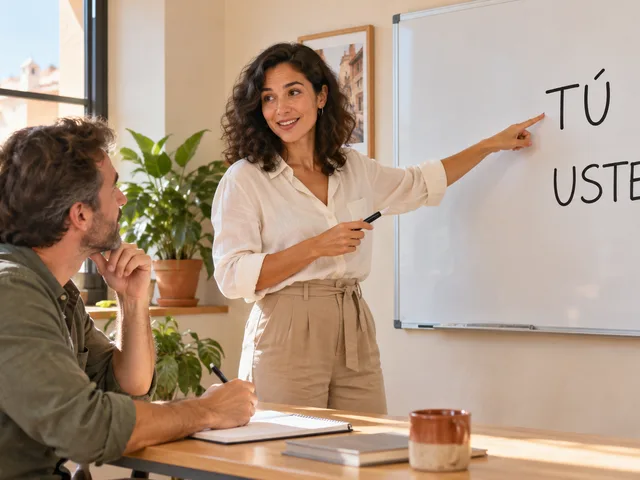 Composition générée montrant un cours d’espagnol en présentiel : une formatrice explique au tableau le choix entre tú et usted à un apprenant adulte.