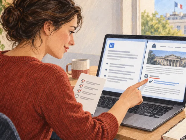 Illustration générée : une professionnelle compare une réponse d’IA affichée sur son ordinateur avec une page source officielle, en vérifiant une date et un lien.