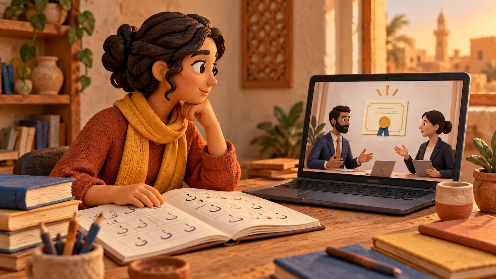 Illustration générée en miniature tactile : une débutante étudie l’alphabet arabe devant un ordinateur montrant une mise en situation professionnelle et un certificat.