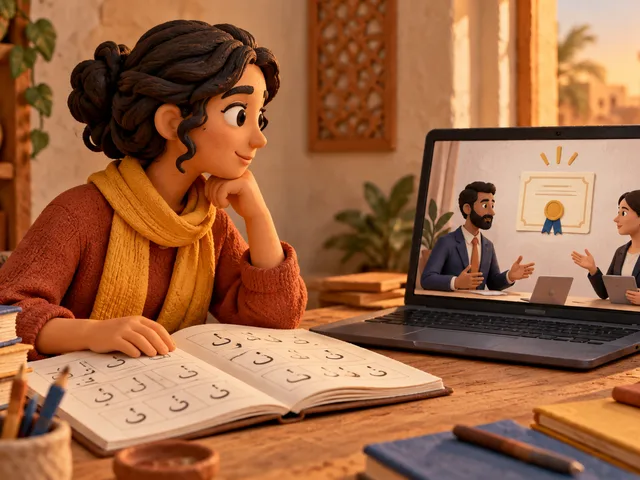 Illustration générée en miniature tactile : une débutante étudie l’alphabet arabe devant un ordinateur montrant une mise en situation professionnelle et un certificat.