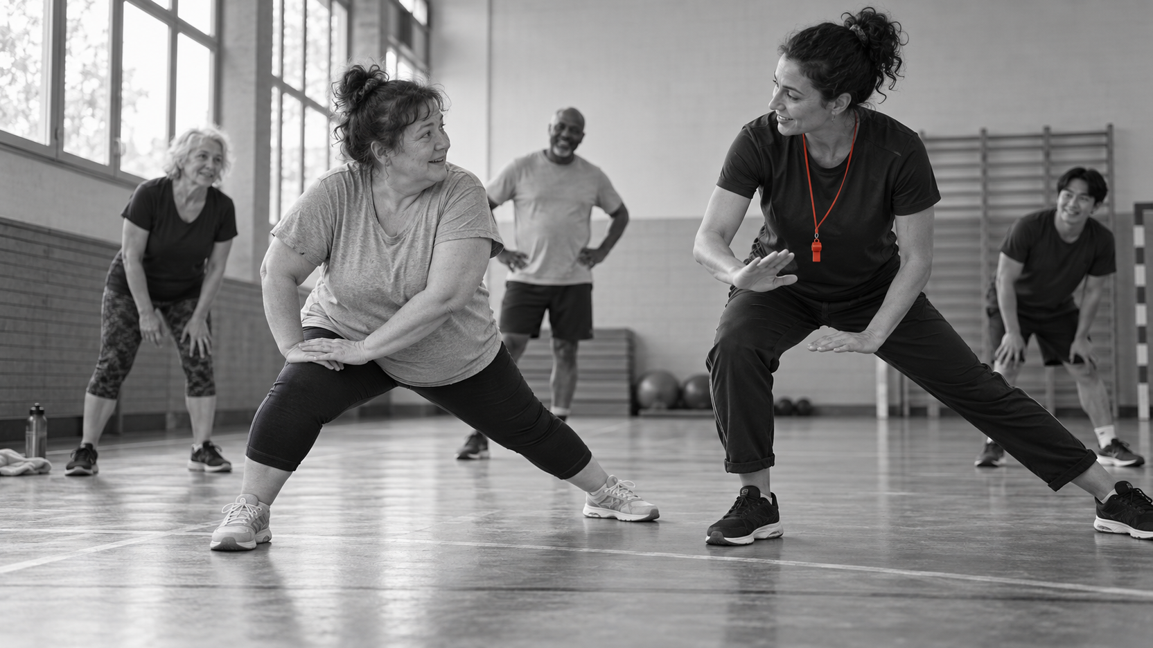 Photographie illustrative en noir et blanc : pendant une séance sportive collective, une coach montre lentement un mouvement à une participante qui la regarde avec soulagement ; seul le cordon rouge du sifflet est coloré.