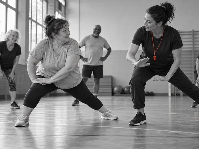 Photographie illustrative en noir et blanc : pendant une séance sportive collective, une coach montre lentement un mouvement à une participante qui la regarde avec soulagement ; seul le cordon rouge du sifflet est coloré.