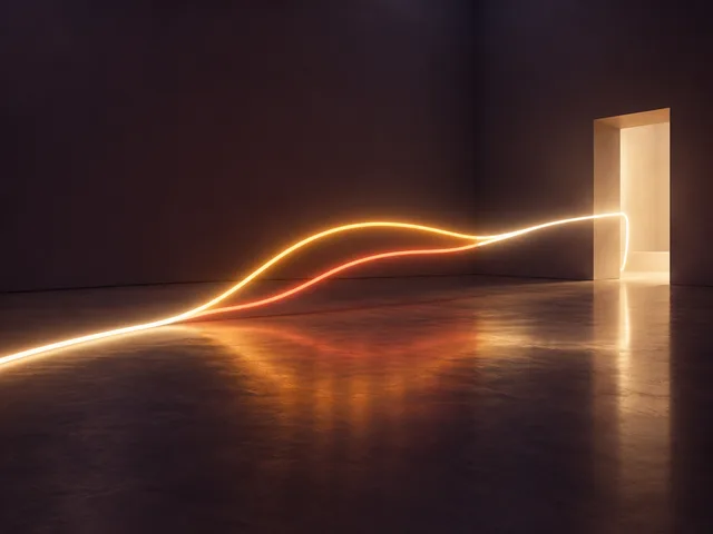 Installation lumineuse générée : deux lignes ambre et vermilion se séparent puis se rejoignent vers une porte éclairée dans une galerie sombre.