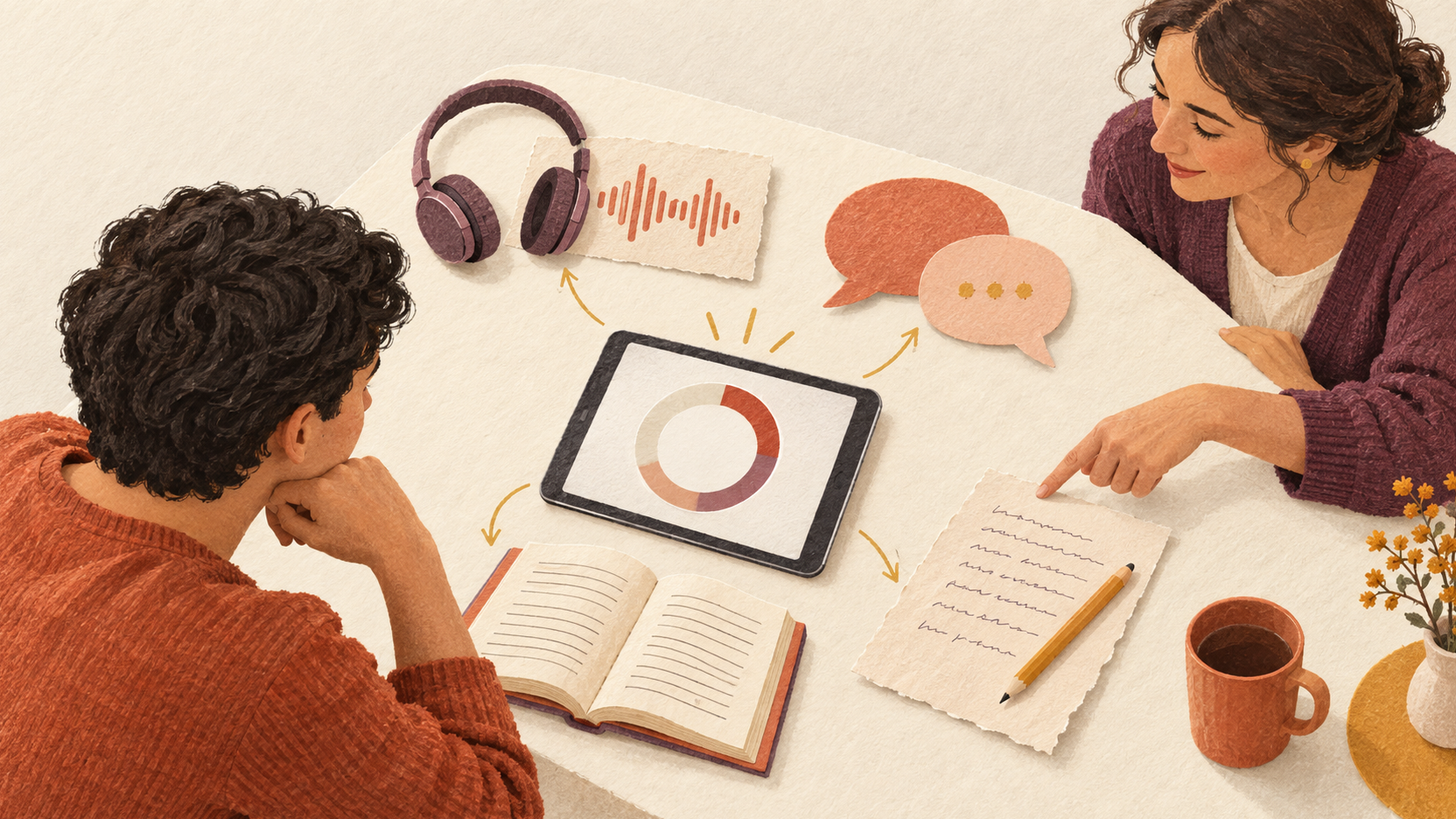 Illustration en papier découpé d’une apprenante et d’une formatrice reliant un résultat de test à des tâches d’écoute, de parole, de lecture et d’écriture.