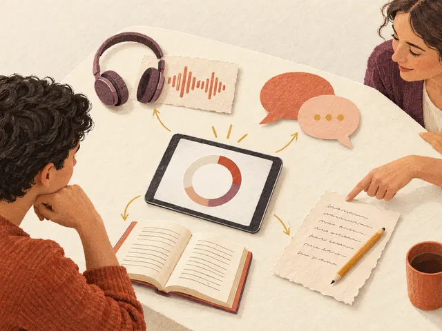 Illustration en papier découpé d’une apprenante et d’une formatrice reliant un résultat de test à des tâches d’écoute, de parole, de lecture et d’écriture.