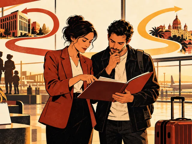 Illustration d’une responsable RH et d’un salarié étudiant un dossier de mission dans un terminal, entre une trajectoire temporaire et une installation à l’étranger.