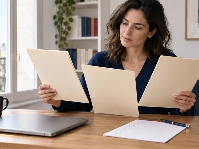 Une femme compare trois dossiers neutres à un bureau, avec un ordinateur et une liste de contrôle.